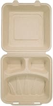 Disposable To Go Food Container, 8" Square, 3 Compartments, Molded Fiber, Natural