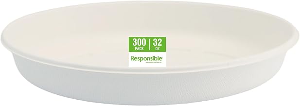 Responsible Products 32 oz Oval Disposable Bowls I Tree-Less™ Compostable Molded Fiber Burrito Bowls I Extra Strength I NO-PFAS I Classic White (300 Count)
