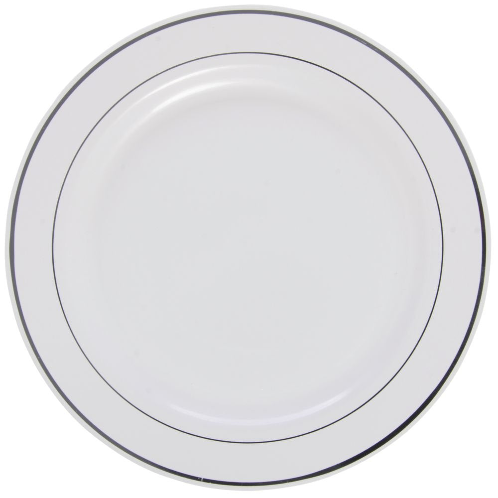 First Impressions Disposable White Plastic Plate -10 1/4"Dia by Sabert – Large, Plastic, White,Silver, Pack of 144, Model 10IMP144S