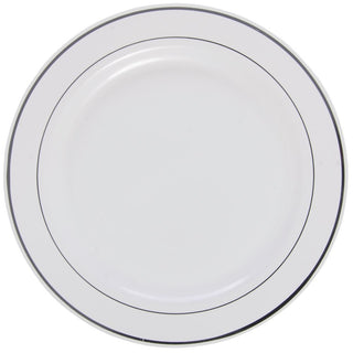 First Impressions Disposable White Plastic Plate -10 1/4"Dia by Sabert – Large, Plastic, White,Silver, Pack of 144, Model 10IMP144S