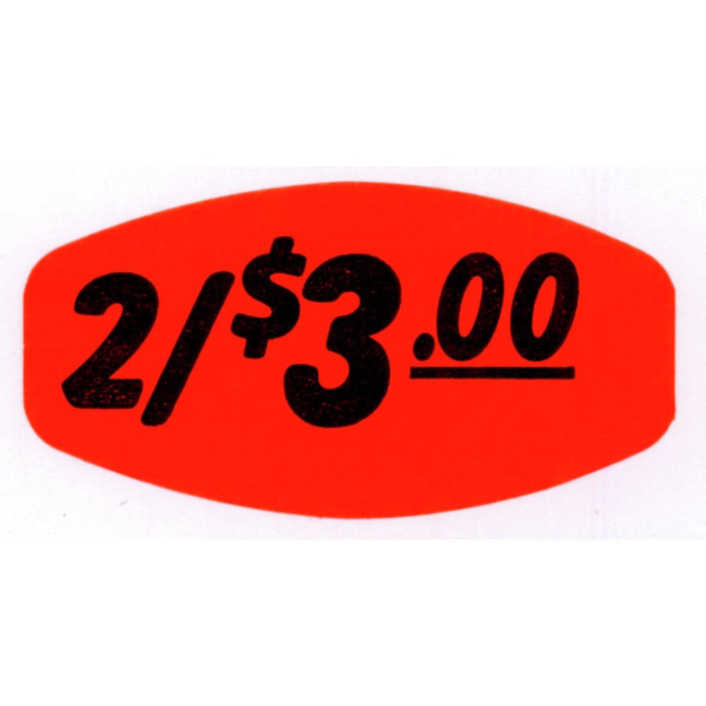 Price Labels 2/$3.00 Red with Black Imprint - 1 3/8 L x 7/8 H 1000 Pe roll by BOLLIN LABEL AND CO – Paper, Red, Pack of 1000, Model 12247