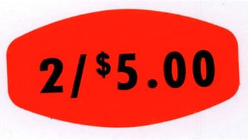 Price Labels 2/$5.00 Red with Black Imprint - 1 3/8 L x 7/8 H 1000 Per Roll