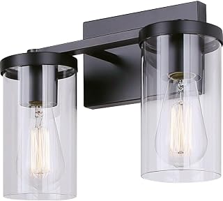 Canarm Twin Lakes 2-Light Vanity Light – Matte Black Finish, Modern Coastal Style with Clear Glass Shades, 100W Type A, 12.5" Wide, Above Mirror Bathroom Wall Lighting