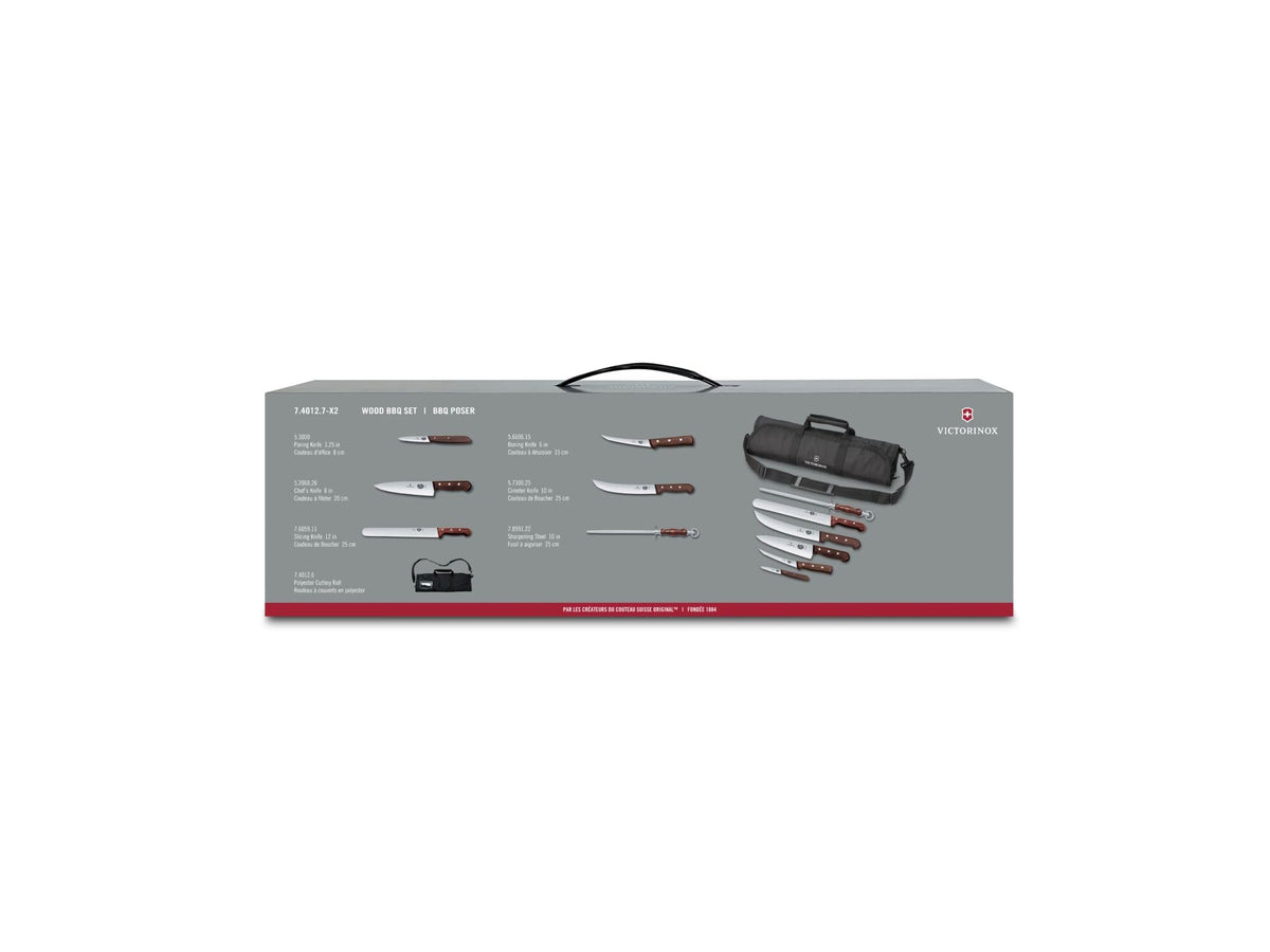 Wood 7 Piece BBQ Cutlery Roll Set with 3.25 In Paring Knife and Storage Bag by Victorinox – 19.5 x 4.1 x 3.25 In, Stainless Steel, Brown, Model 7.4012.7-X2
