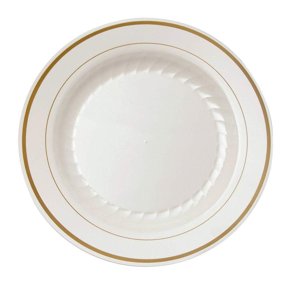 Masterpiece Premium Plastic Dinner Plates, 9" Round, 120 Pack, Elegant Ivory & Gold Heavyweight Tableware, Disposable, Reusea