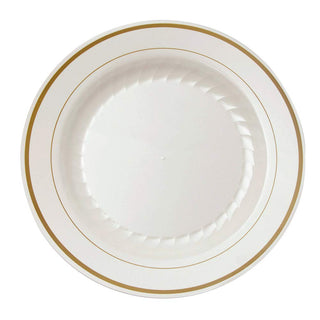 Masterpiece Premium Plastic Dinner Plates, 9" Round, 120 Pack, Elegant Ivory & Gold Heavyweight Tableware, Disposable, Reusea
