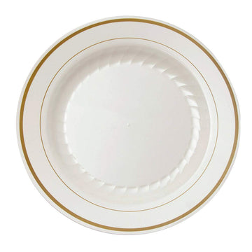 Masterpiece Premium Plastic Dinner Plates, 9" Round, 120 Pack, Elegant Ivory & Gold Heavyweight Tableware, Disposable, Reusea