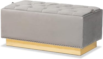 Powell Glam and Luxe Grey Velvet Fabric and Gold PU Leather Storage Ottoman