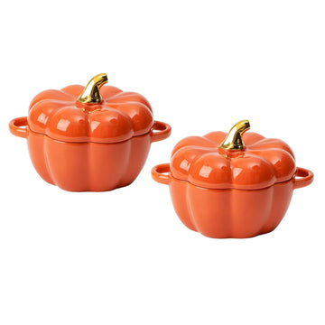 FYUEROPA Pumpkin Ramekin Set, Ceramic with Lid and Handle, 14 Oz, Orange