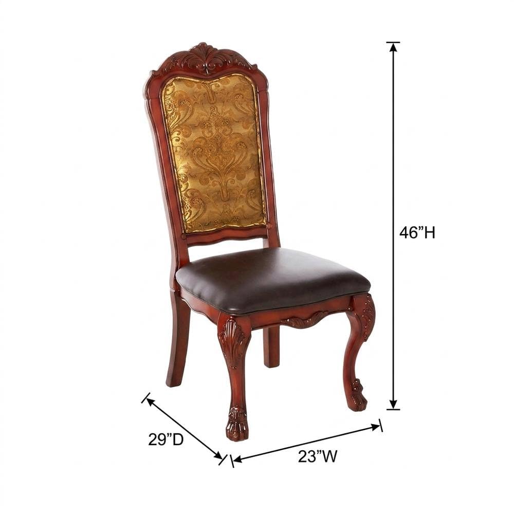 PU Leather-Upholstered Side Chair with Floral Fabric Back by Furnifact – Wood, Brown, Pack of 2