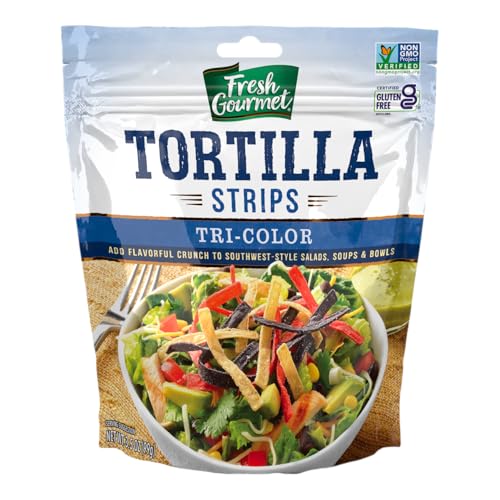 Fresh Gourmet Tortilla Strips / Tri-Color / 3.5 Ounce (Pack of 9) Salad Toppings