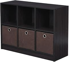 Furnifact Dark Walnut 3x2 Bookcase Storage with Bins, Modern Wood Book Shelf with Multiple Shelves, Durable Wooden Frame and Elegant Finish