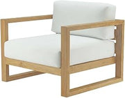 White Outdoor Patio Teak Armchair with Cushioned Seat, Stylish Lounge Design, Durable Construction for Comfortable Outdoor Living