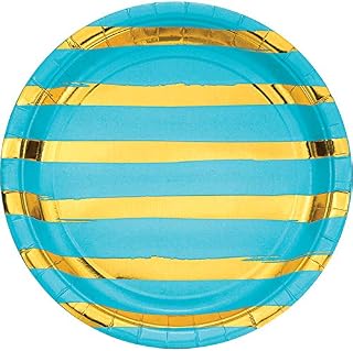 Creative Converting Club Pack Foil Program Tableware Bermuda Blue Gold Foil 9in Round Paper Plates, Box 96 Paper Plates