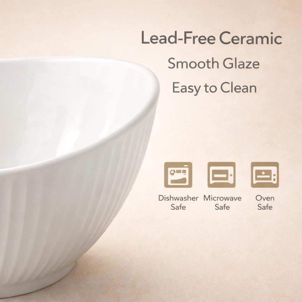 Hoilse Ceramic Serving Bowl with Wood Servers, 60oz Oval White