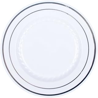 Fineline Settings Silver Splendor White With Silver Round China-Like 9" Plate 120 Pieces by Silver Splendor