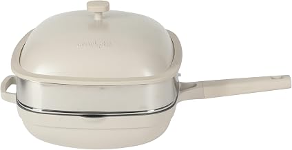 Crock Pot Northvale 5.3 Quart Ceramic Nonstick Sauté Pan with Steamer Basket & Lid, Cast Aluminum Pan with Induction Base and Soft-Touch Handle, Linen White
