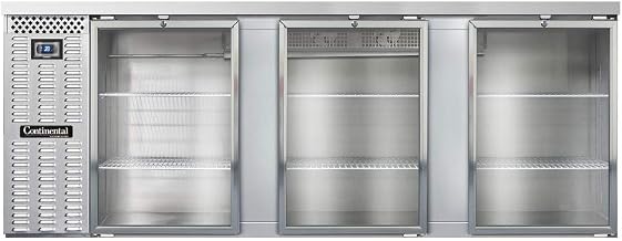 BBC90S-SS-GD Three Section Glass Door Refrigerated Back Bar Cooler, 90" W x 34-3/4"H, Stainless Steel Exterior & Shallow Depth