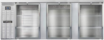 BBC90S-SS-GD Three Section Glass Door Refrigerated Back Bar Cooler, 90" W x 34-3/4"H, Stainless Steel Exterior & Shallow Depth