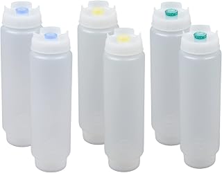 FIFO Innovations FIFO Squeeze Bottle Refillable 16 oz | 2 Green 2 Yellow 2 Blue Tip Small Valve Dispenser for Thin Condiments, Sauces, Batter and Dressing | Self Sealing No Drip No Hassle | Variety Pack ( 6 Pack )