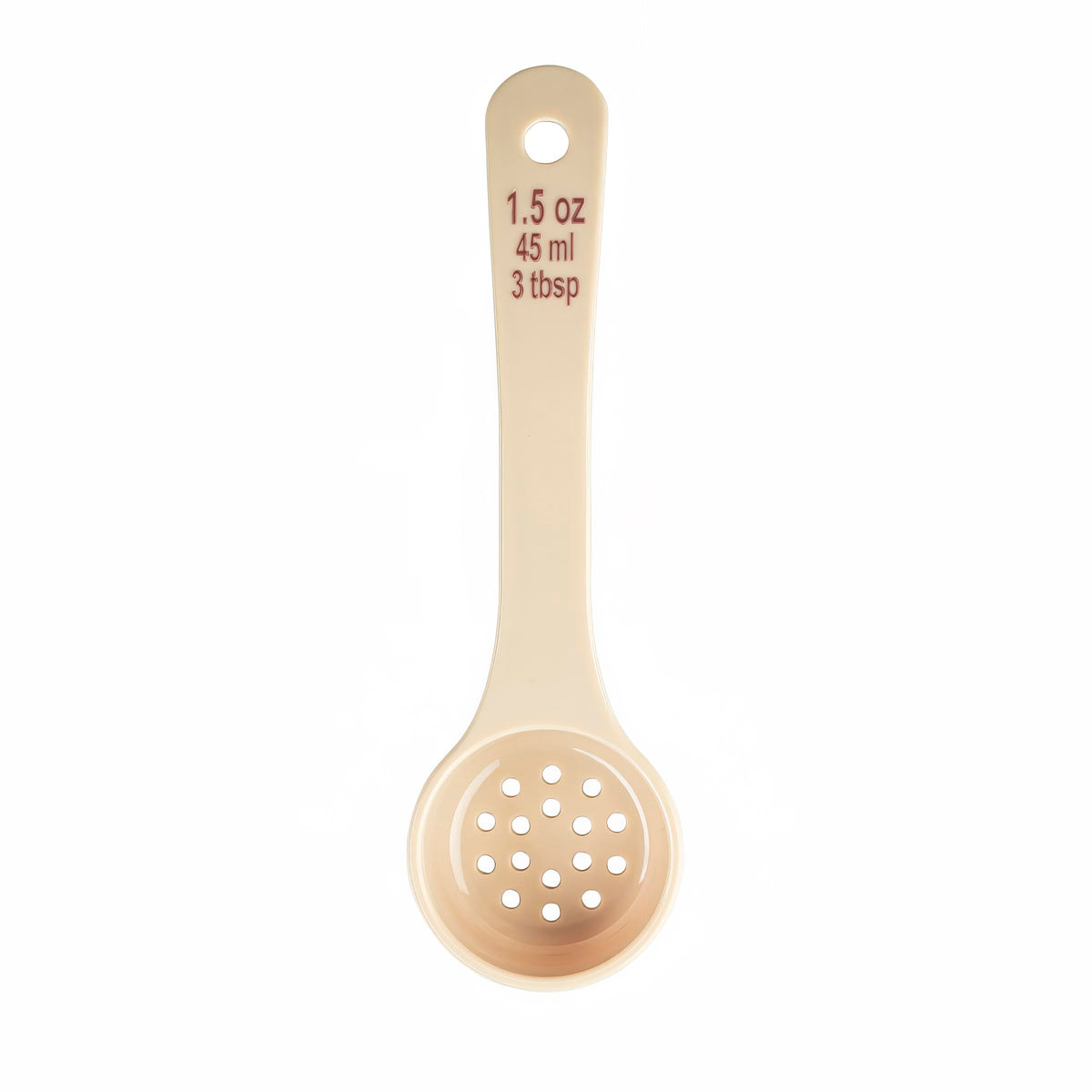 Spoonout, 1-1/2 oz., 7.625" x 2.25" x 1", Perforated, Short Handle with Maroon Capacity Markings (oz/ml), Polycarbonate, NSF, 12 Each per case by Tablecraft – Model 11167