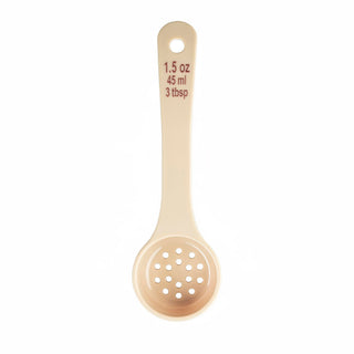 Spoonout, 1-1/2 oz., 7.625" x 2.25" x 1", Perforated, Short Handle with Maroon Capacity Markings (oz/ml), Polycarbonate, NSF, 12 Each per case by Tablecraft – Model 11167