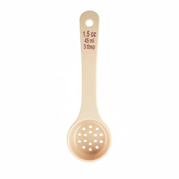 Spoonout, 1-1/2 oz., 7.625" x 2.25" x 1", Perforated, Short Handle with Maroon Capacity Markings (oz/ml), Polycarbonate, NSF, 12 Each per case by Tablecraft – Model 11167