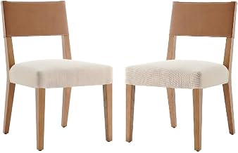 Furnifact Faux Leather and Linen Dining Side Chair with Solid Nettlewood Legs, Upholstered Seat Set of 2 for Kitchen Table