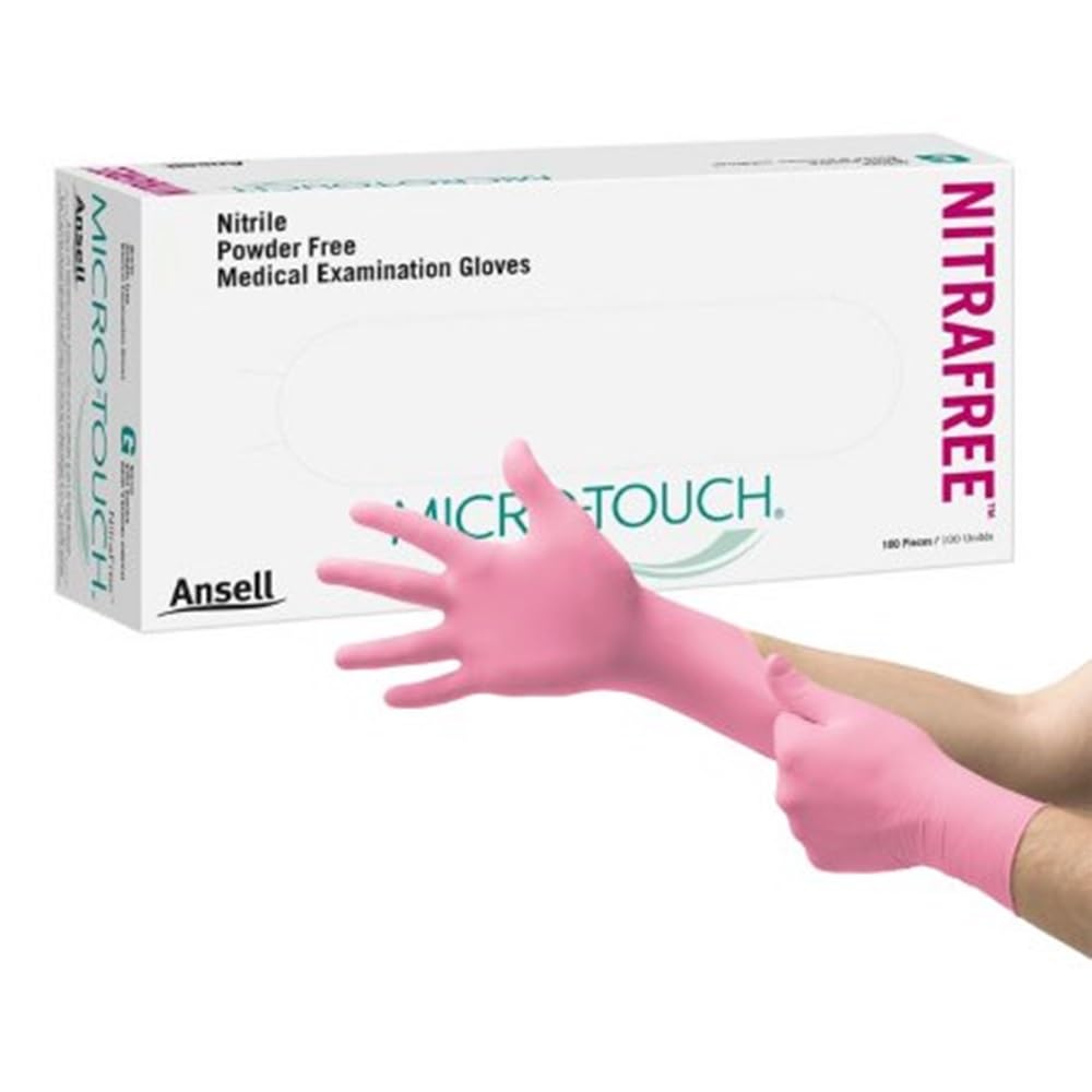 Perry 6034512 Microtouch NitraFree Gloves Medium 100/Bx by Ansell – 100 Count (Pack of 1), Nitrile, Pink, Model 43178-671816
