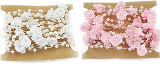 2 Rolls of 5m/16ft Pearl Beads Garland Plastic Bead Roll Strands Rose Chain Decorative for Wedding Party Christmas DIY Supplies, Pink and White