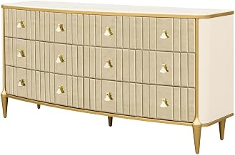 Michael Amini Scotts Square Beige Dresser Solid & Manufactured Wood Bedroom Storage Chest with Multiple Drawers and Durable Poplar Frame for Organized Spaces