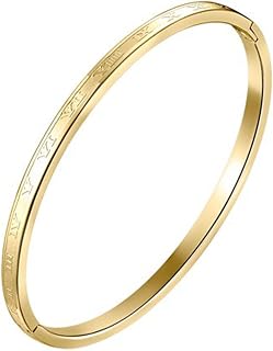 Women 4mm Stainless Steel Channel Set Roman Numerals 18K Gold Engagement Wedding Grooved Bangle Bracelet