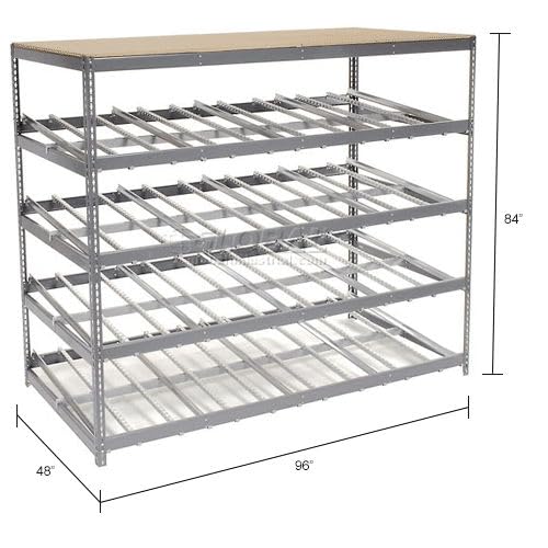 4 Level Single Depth Gravity Flow Carton Rack by Global Industrial – 48"L x 96"W x 84"H, Alloy Steel, Grey, Model 184058