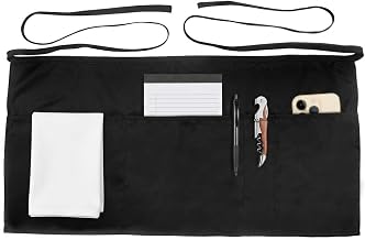 Server Apron, Bar-Tack 4 Pockets, Waist Apron for Waitress Waiter | 23.5x11.5 Inch Waist Apron with Pockets, Black Server Apron, Stain Resistant Half Apron for Restaurant Waitstaff