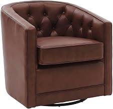 Furnifact Top Grain Leather Swivel Accent Arm Chair with Tufted Back and Solid Birch Frame, 360-Degree Lounge Chair for Living Room