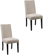 Furnifact Fabric-Upholstered Dining Chairs with Nailhead Trim, Set of 2, Upholstered Kitchen and Dining Room Chair Set, Tan