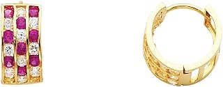 14k Yellow Gold 5mm Thickness 3 Line Red CZ Channel-set Hoop Huggies Earrings (14 x 14 mm)