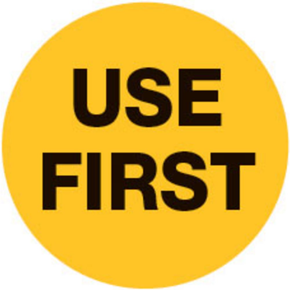 "Use First" Label Yellow with Black Imprint - 3/4" Dia by HUBERT – 0.75 inch, Paper, Yellow, Model 83332