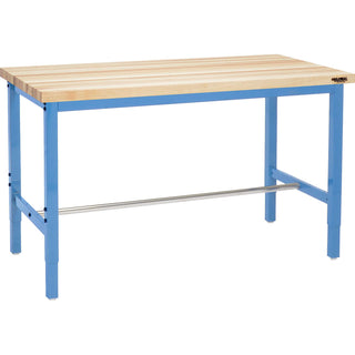 Adjustable Height Production Workbench by Global Industrial – 36"L x 72"W x 5"H, Maple, Blue, Model 606987BL