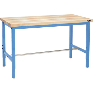 Adjustable Height Production Workbench by Global Industrial – 36"L x 72"W x 5"H, Maple, Blue, Model 606987BL
