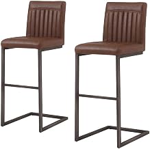 Furnifact PU-Upholstered Bar Stools Set of 2 with Channel-Tufted Bucket Seat, Industrial Counter Stools for Kitchen or Home Bar, Antique Cigar Brown