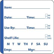 White Dissolvable Shelf Life Labels Blue Imprint - 2" L x 2" H, 250 per Roll