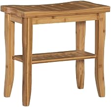 Linon Bracken Sturdy Solid Bamboo Bathroom Stool with Shelf in Natural Brown