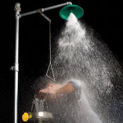 Combination Emergency Shower and Eye/Face Wash with Axion MSR Showerhead by Haws – 30"L x 35"W x 91"H, Stainless Steel/ABS Plastic, Green/Silver, Model 8300-8309