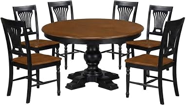 Furnifact Rubberwood Oval Pedestal Kitchen Table 7 Piece Set, Slatted Back Dining Table Set for 6 Dining Room Chairs, Black & Cherry