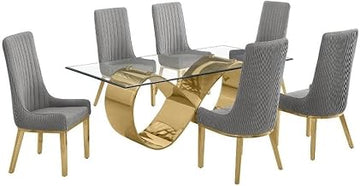 78" x 42" Clear Glass Dining Set w Boucle Fabric Chairs