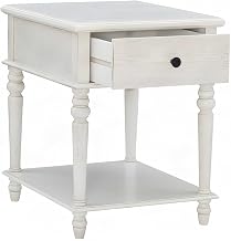 Furnifact Acacia Veneer Side Table with Single Storage Drawer, Wire-Brushed Distressed-Finish Small End Table for Living Room Accent, White