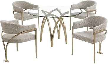5pc Circle Clear Glass Dining Set & Boucle Fabric Chairs