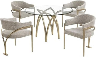 5pc Circle Clear Glass Dining Set & Boucle Fabric Chairs
