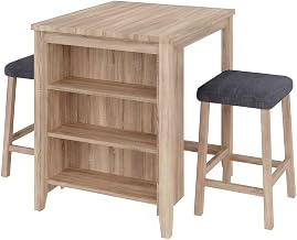 Furnifact Oak Finish Counter Height Table Set with 3-Shelf Storage, Linen Upholstered Stools for Kitchen or Dining Room